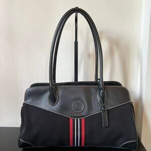 CHAPS Black East West Canvas Long Shoulder Strap Handbag Red White Stripe